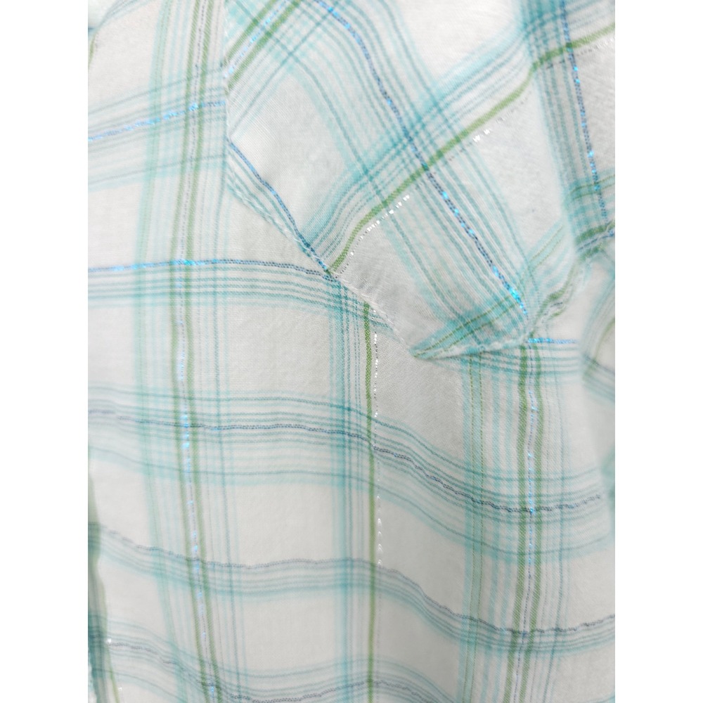Vintage Y2K Aeropostale Western Pearl Snap Shimmer Plaid Shirt Teal White Medium - Picture 4 of 10